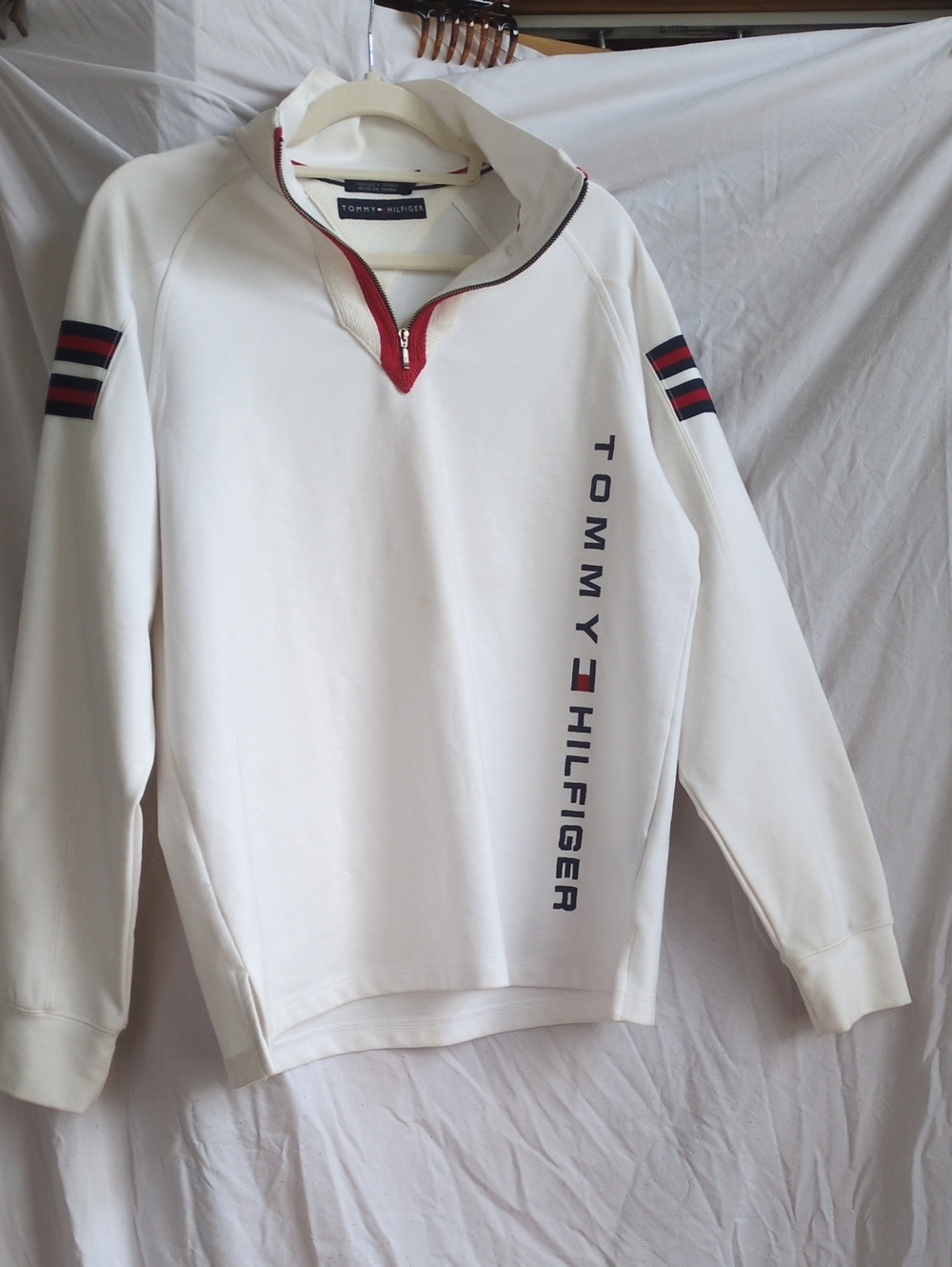 Tommy Hilfiger Men’s White Quarter-Zip Sweatshirt with Red & Navy Trim